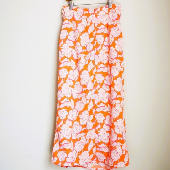SHEIN Allover Floral Print Twist Side Skirt Midi Zip Fit Orange XS High Waist - Picture 6 of 9